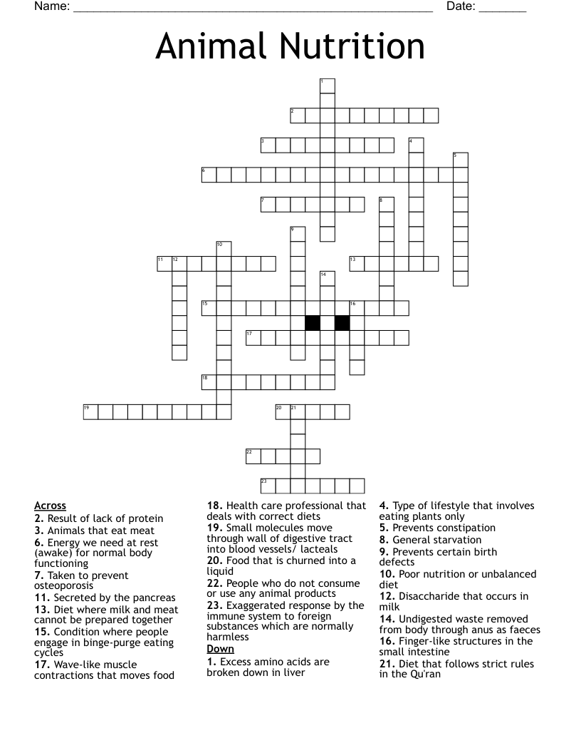 Animal Nutrition Crossword