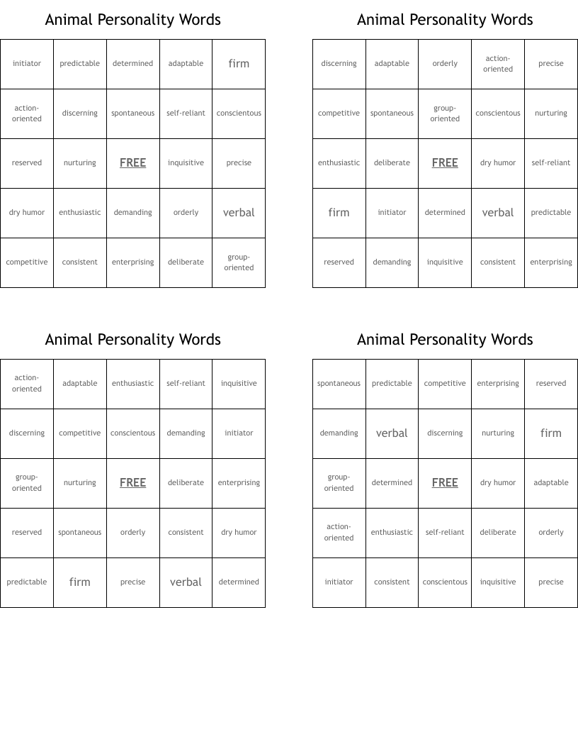 Animal Personality Words Bingo Cards