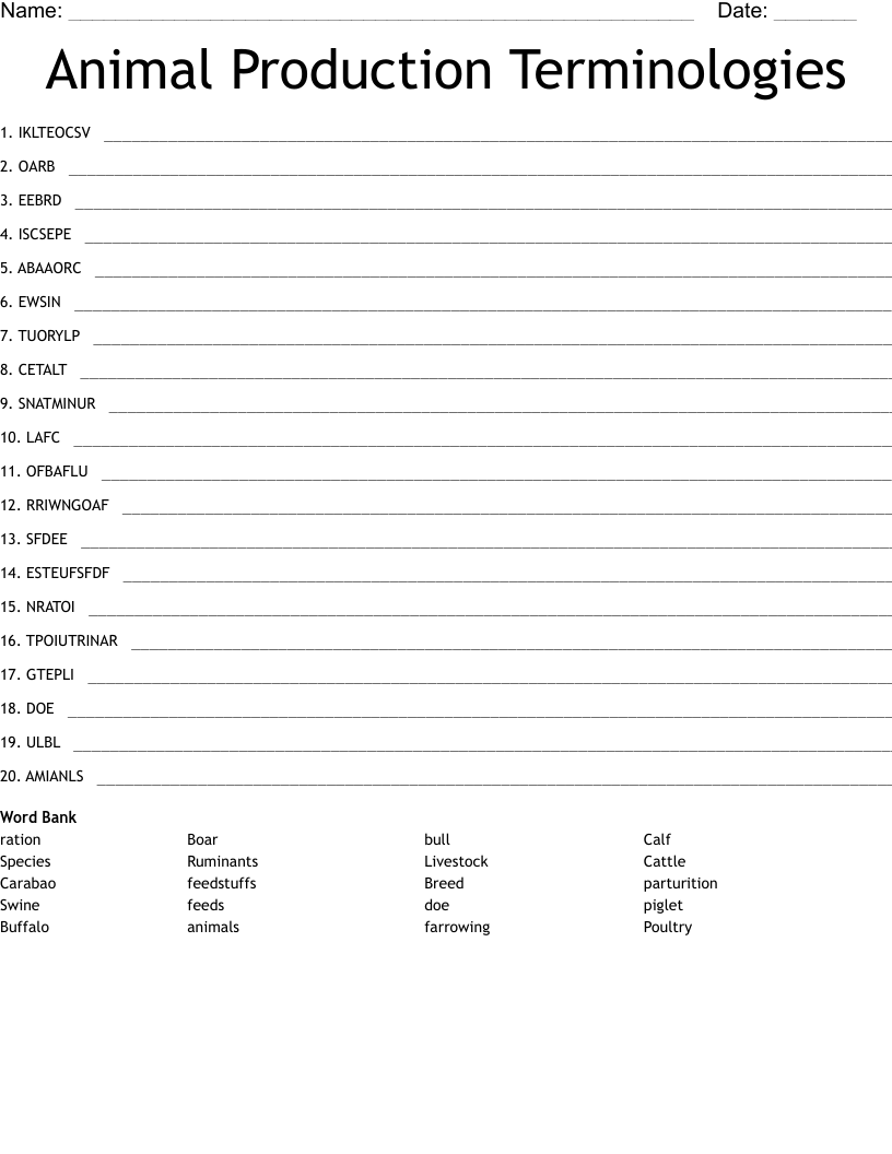 Animal Production Terminologies Word Scramble