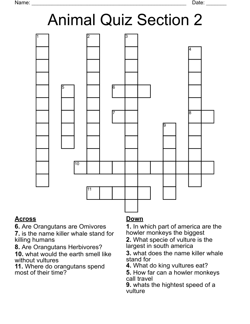 Animal Quiz Section 2 Crossword
