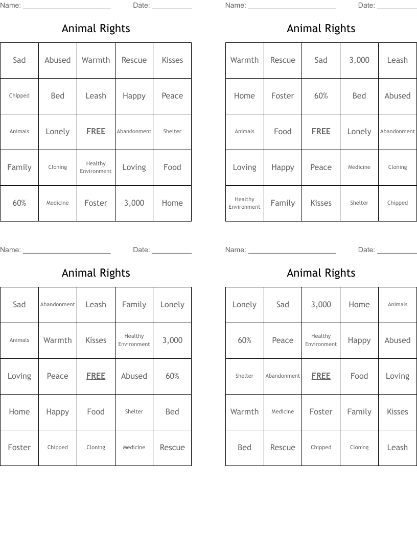 Animal Rights Bingo Cards