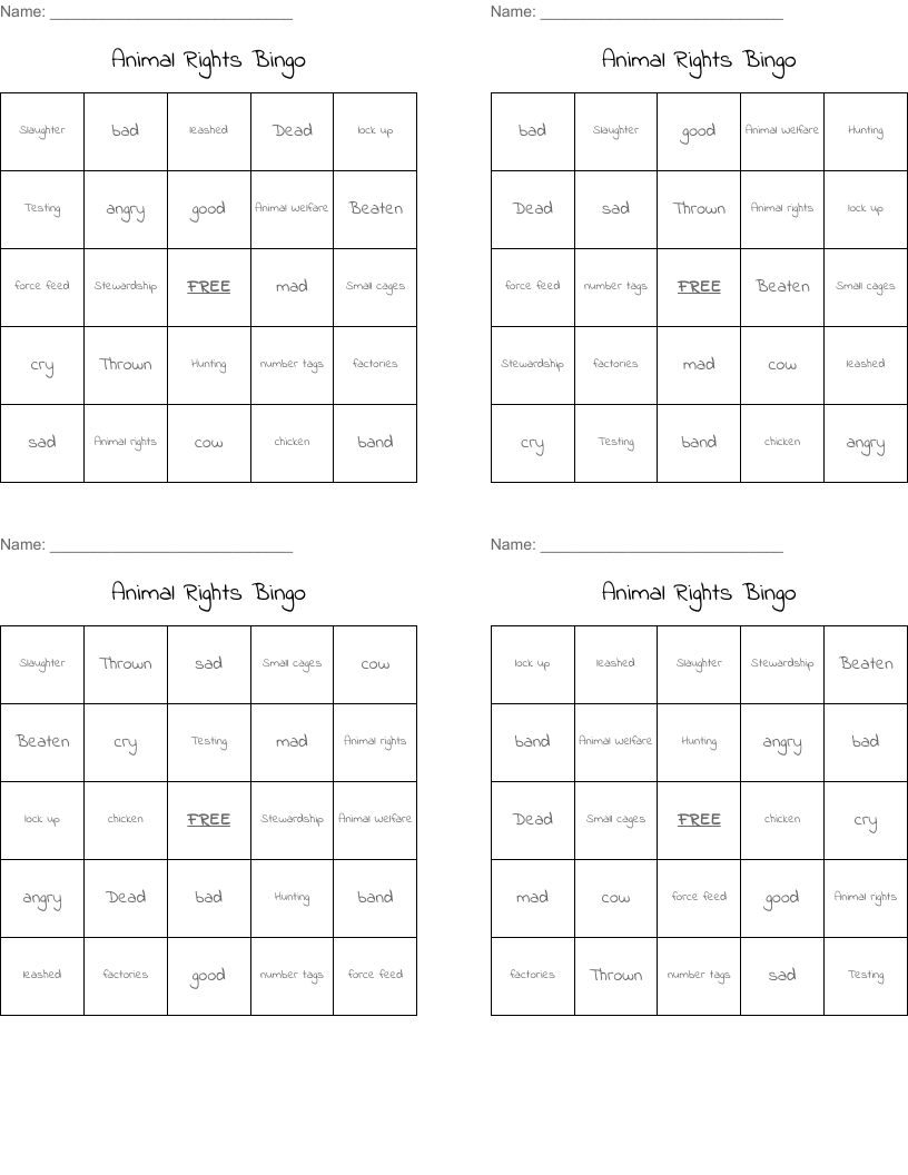 Animal Rights Bingo
