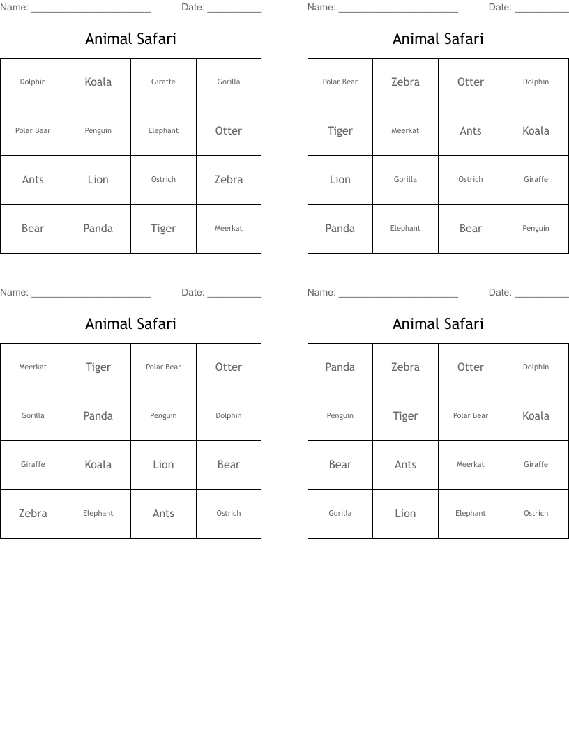 Animal Safari Bingo Cards