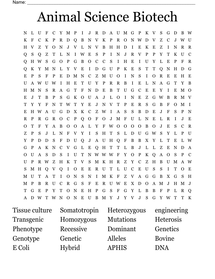 Animal Science Biotech  Word Search