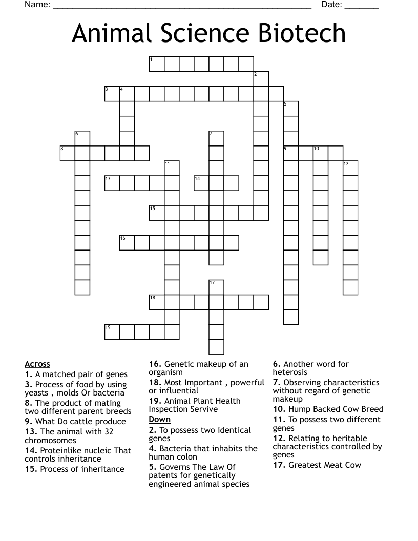 Animal Science Biotech  Crossword