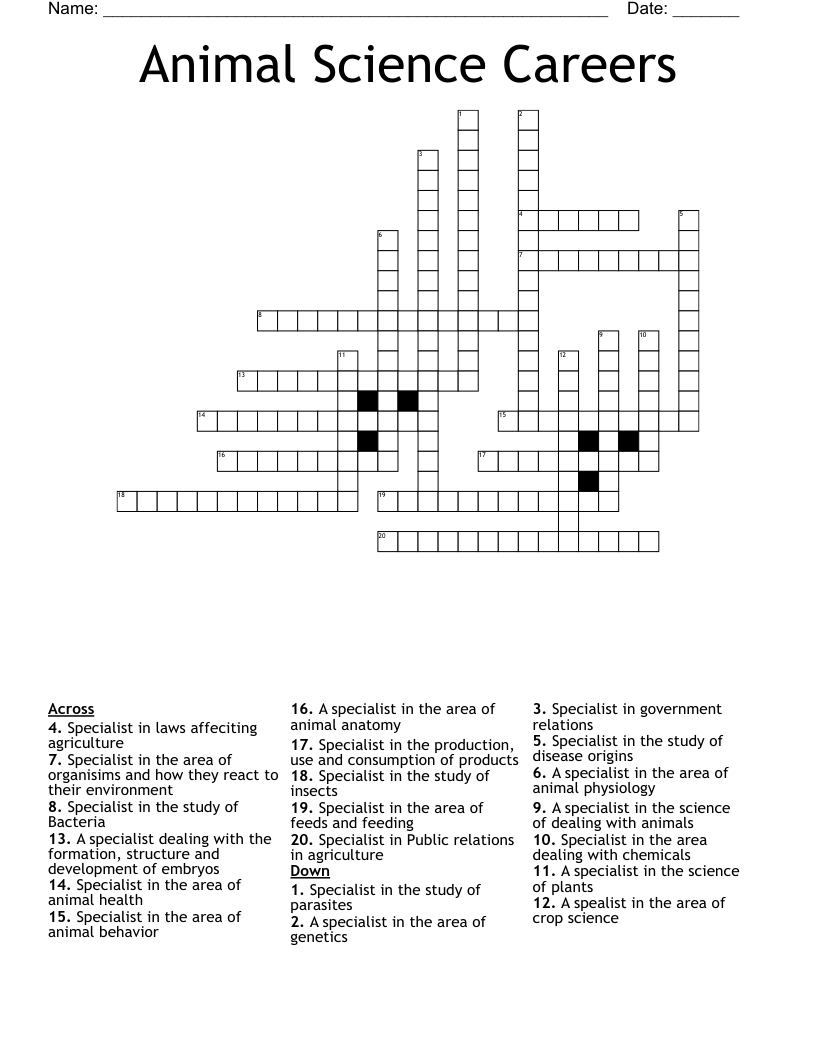 Animal Science Careers Crossword