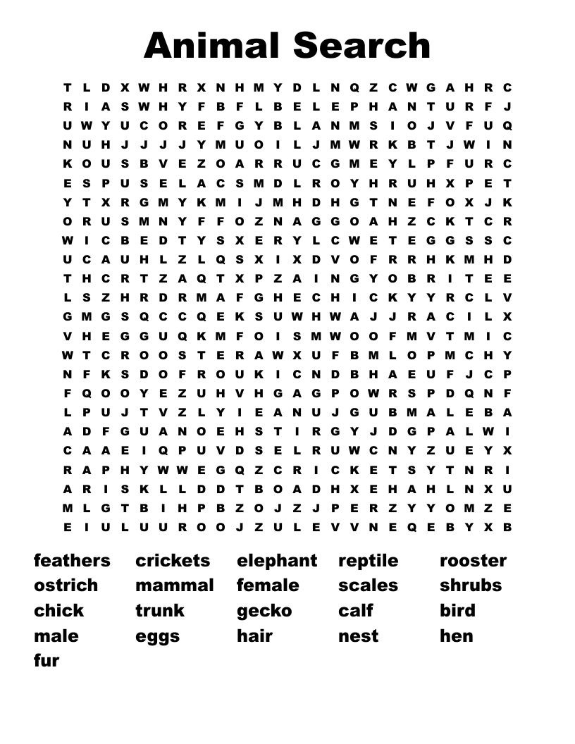 Animal Search Word Search