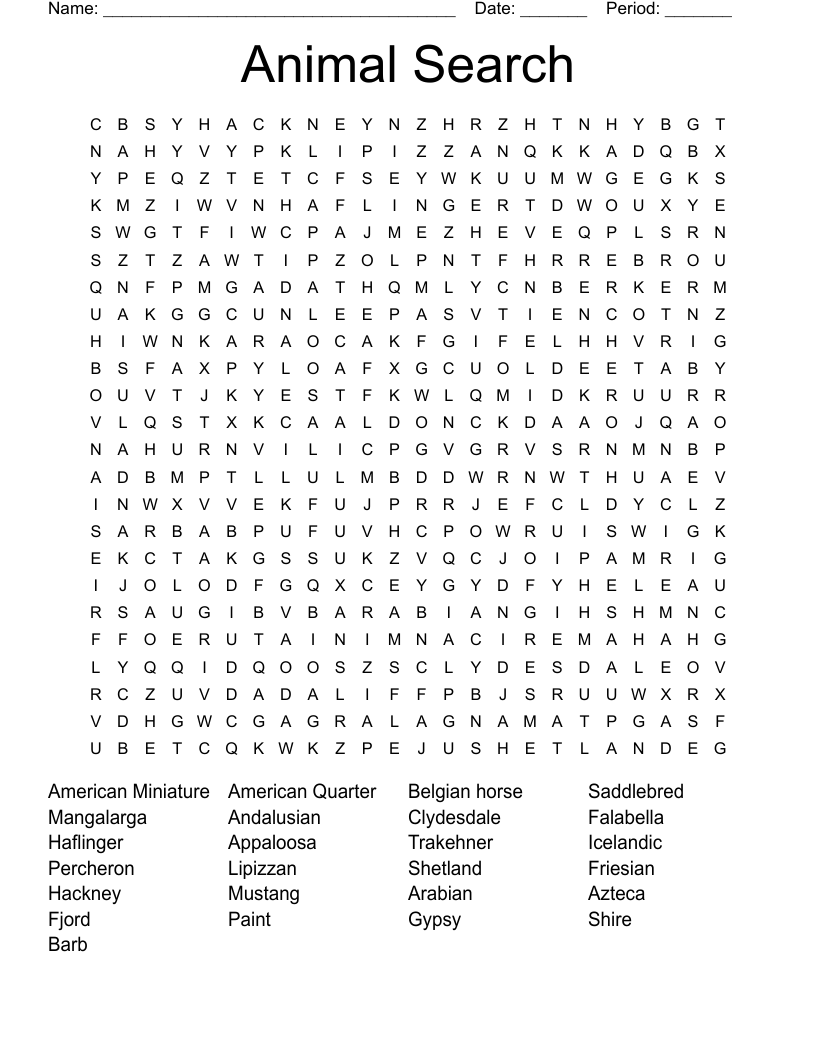 Animal Search Word Search
