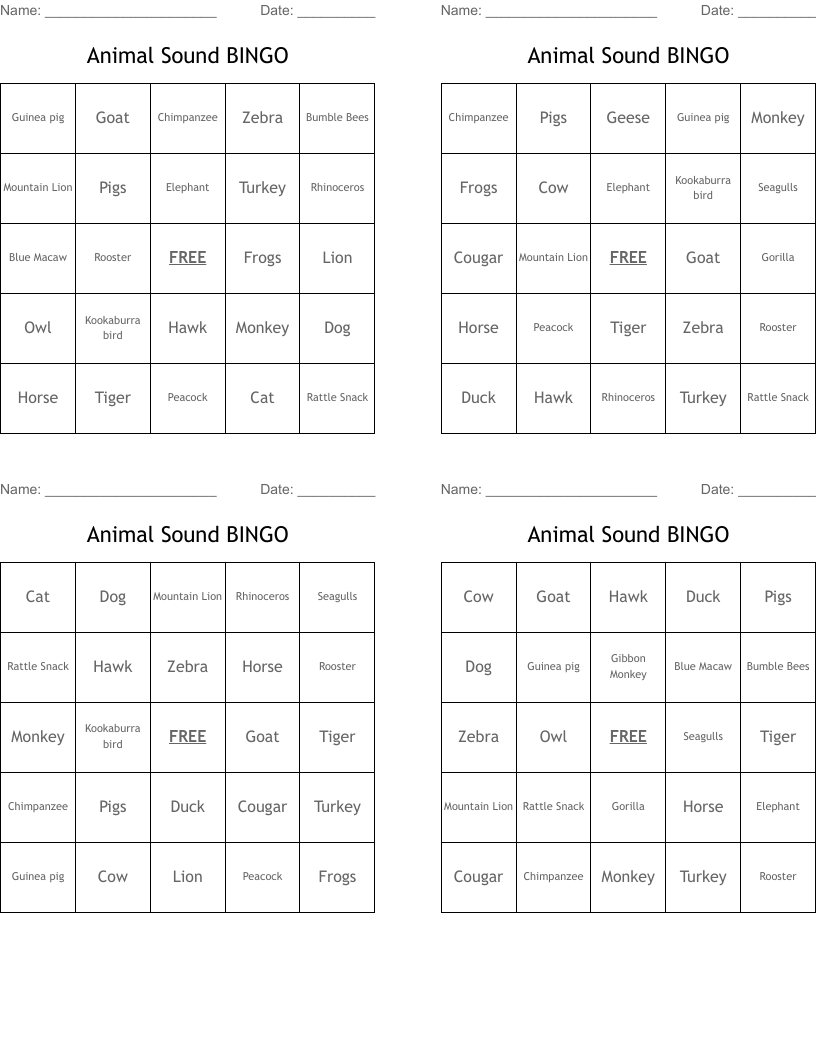 Animal Sound BINGO