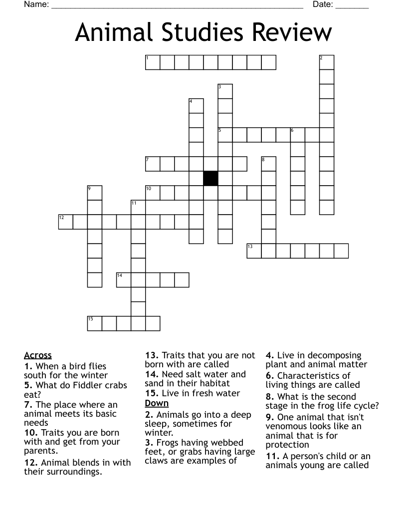 Animal Studies Review Crossword