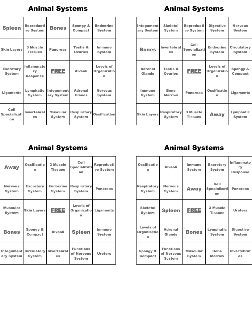 Animal Systems Bingo Cards