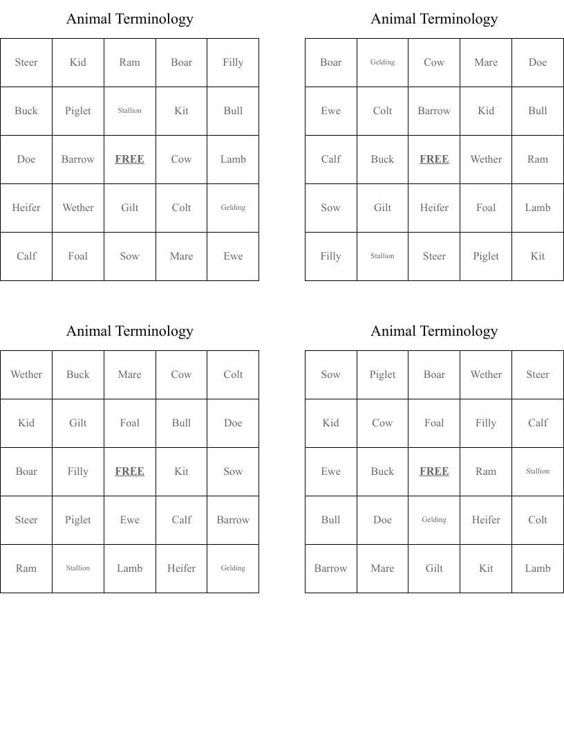 Animal Terminology Bingo Cards