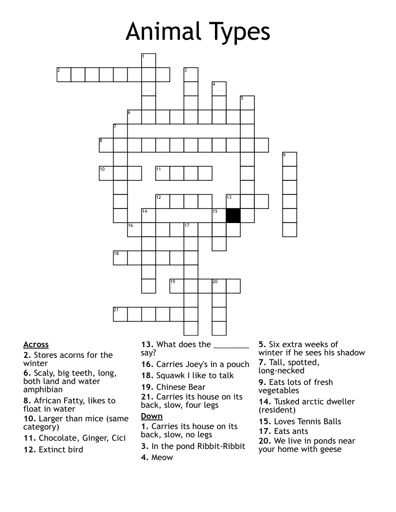 Animal Types Crossword