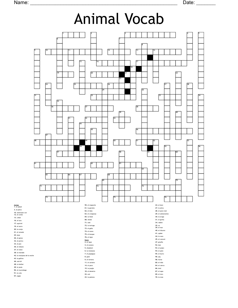 Animal Vocab Crossword