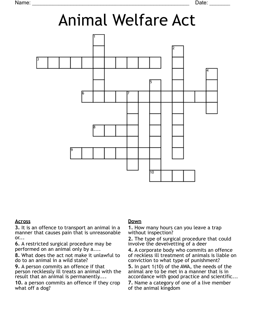 Animal Welfare Act Crossword