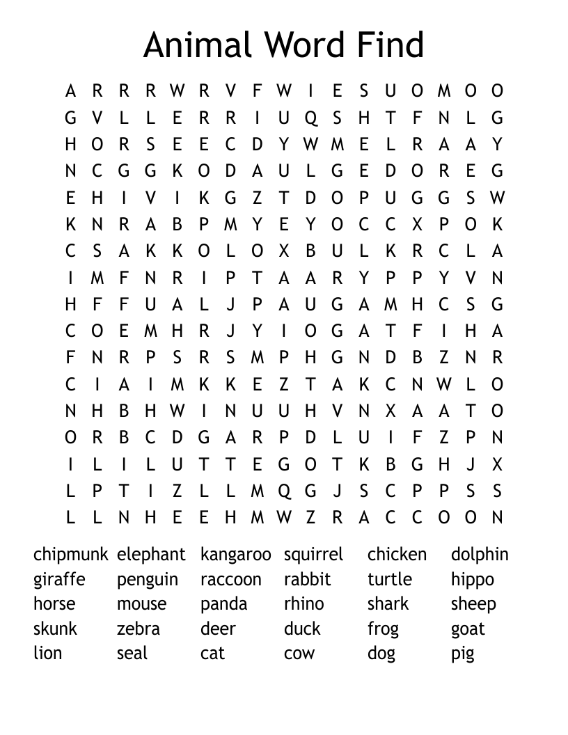 Animal Word Find Word Search