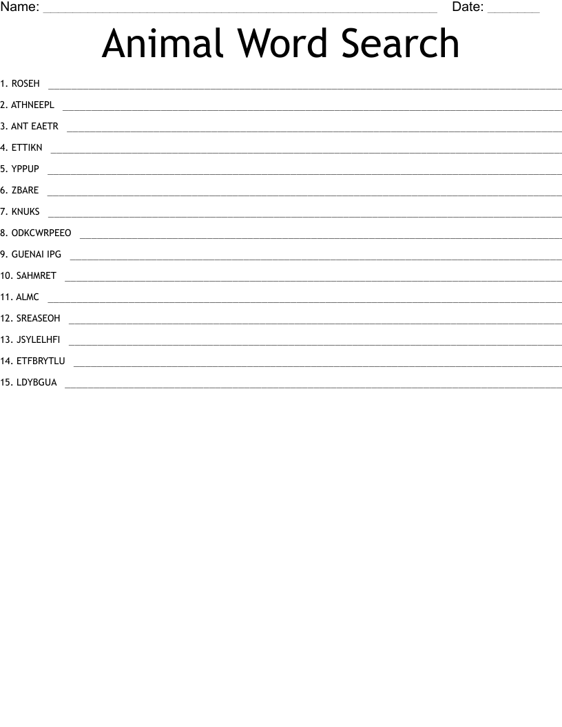 Animal Word Search Word Scramble