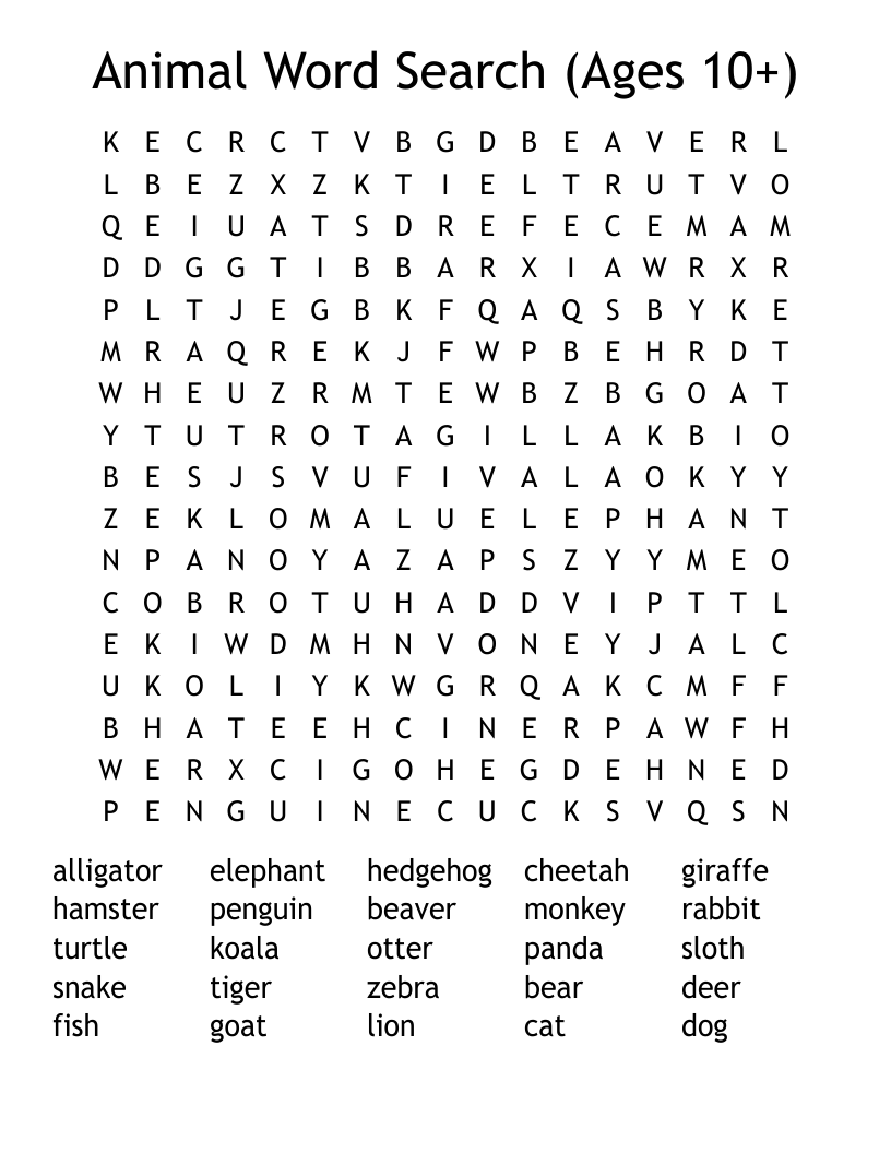Animal Word Search (Ages 10+)