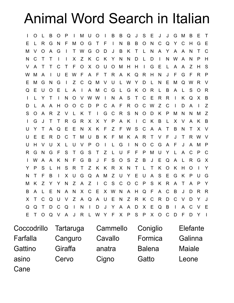 Animal Word Search in Italian
