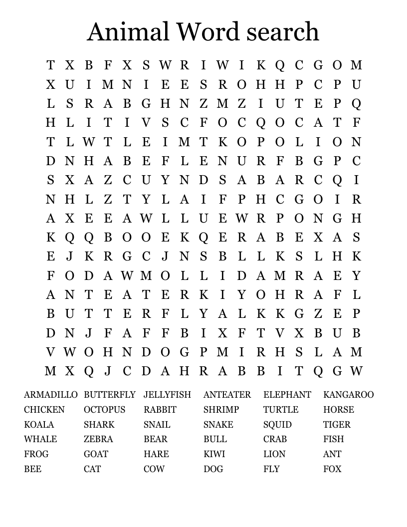 Animal Word search