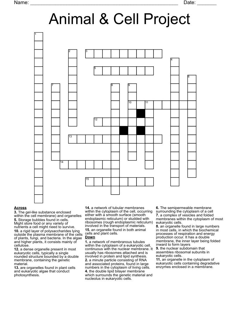 Animal & Cell Project Crossword