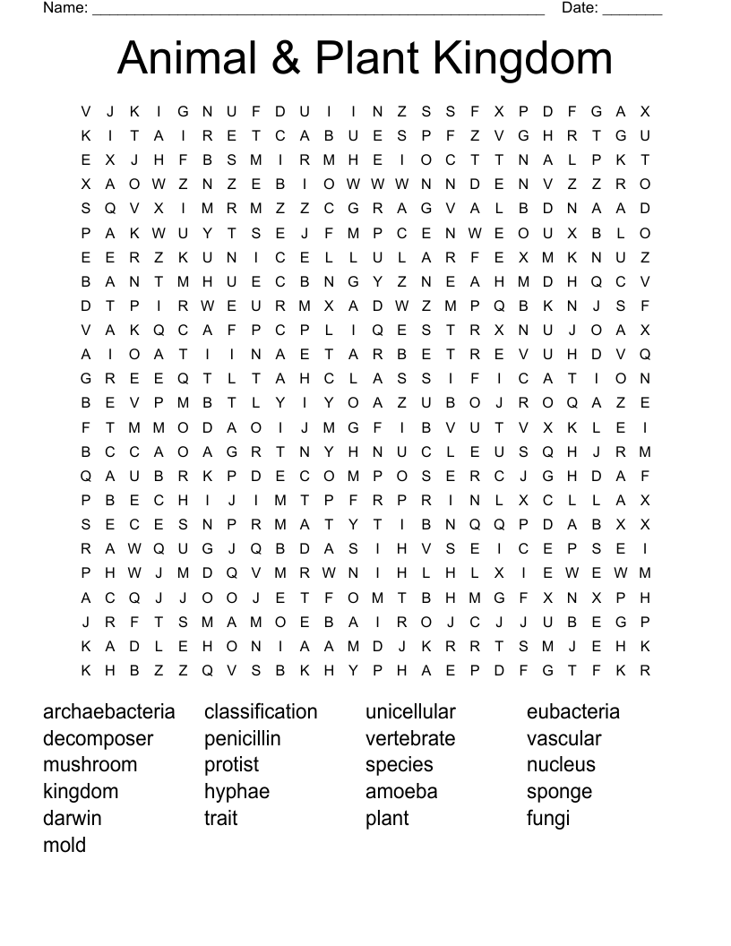 Animal & Plant Kingdom Word Search