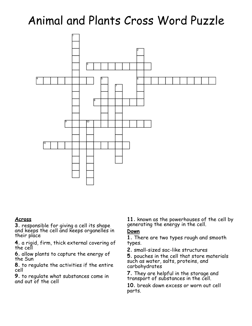 Animal and Plants Cross Word Puzzle 