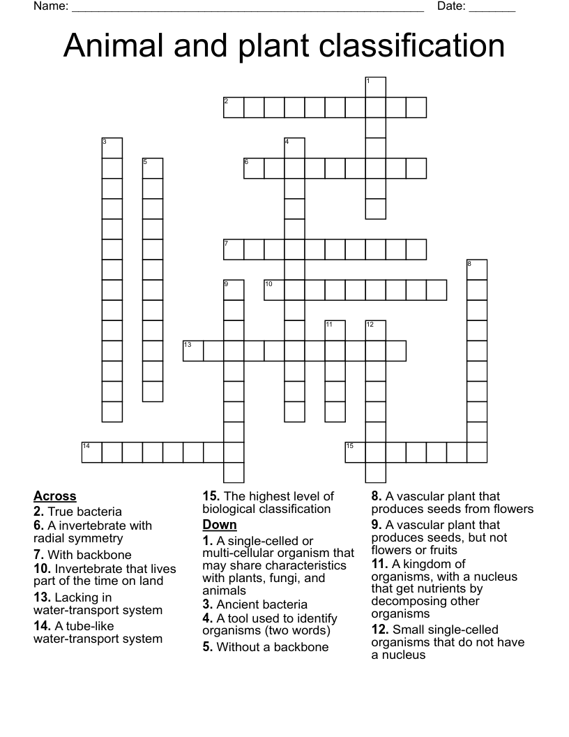 Animal and plant classification  Crossword