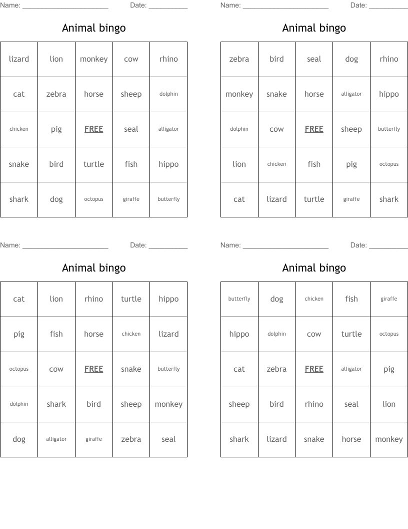 Animal bingo