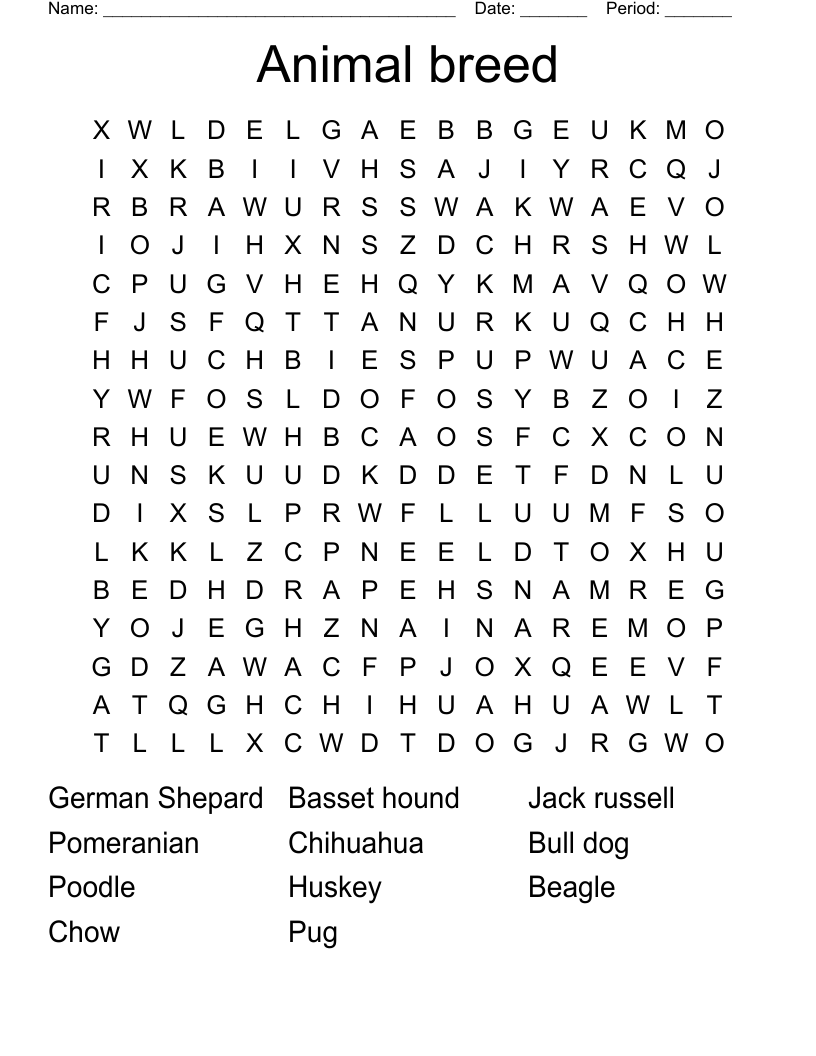 Animal breed Word Search