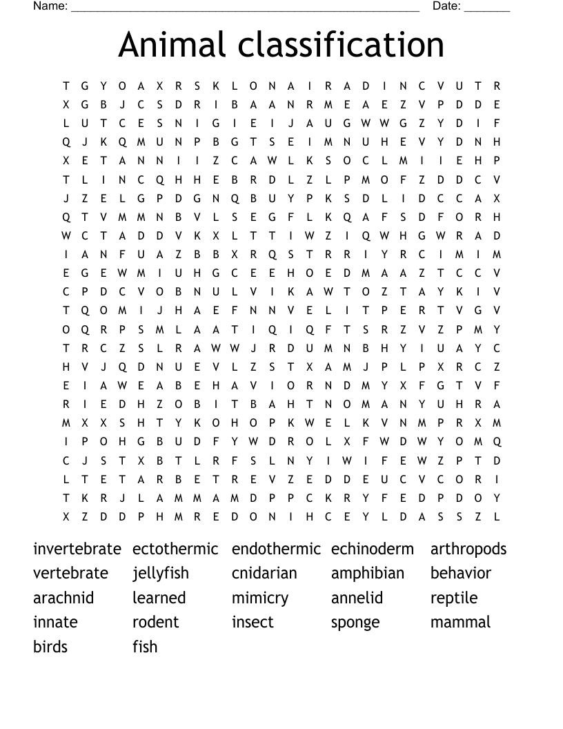 Animal classification Word Search