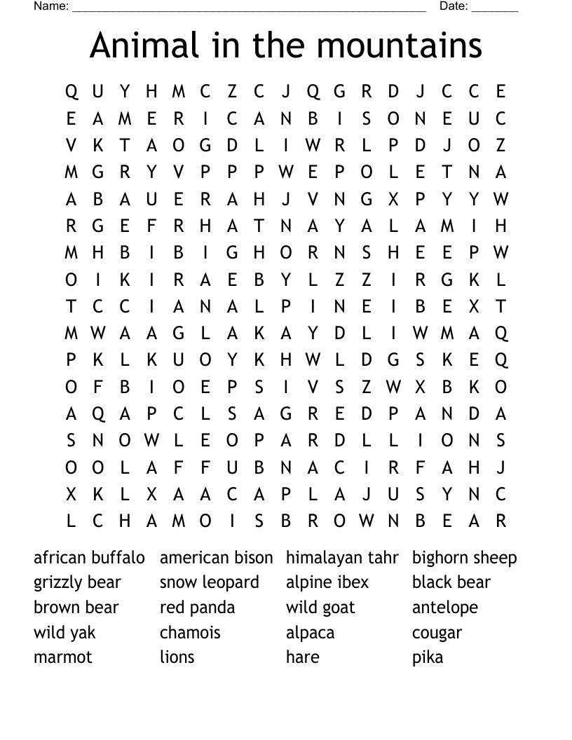 Animal in the mountains Word Search
