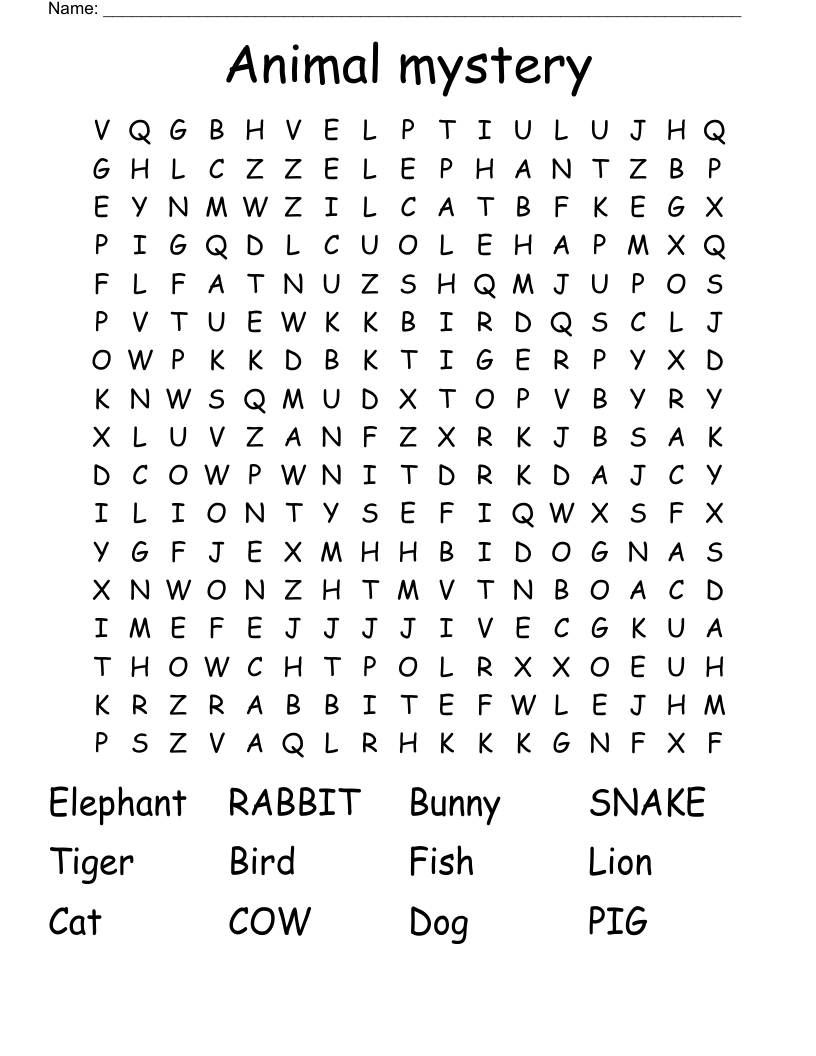 Animal mystery Word Search