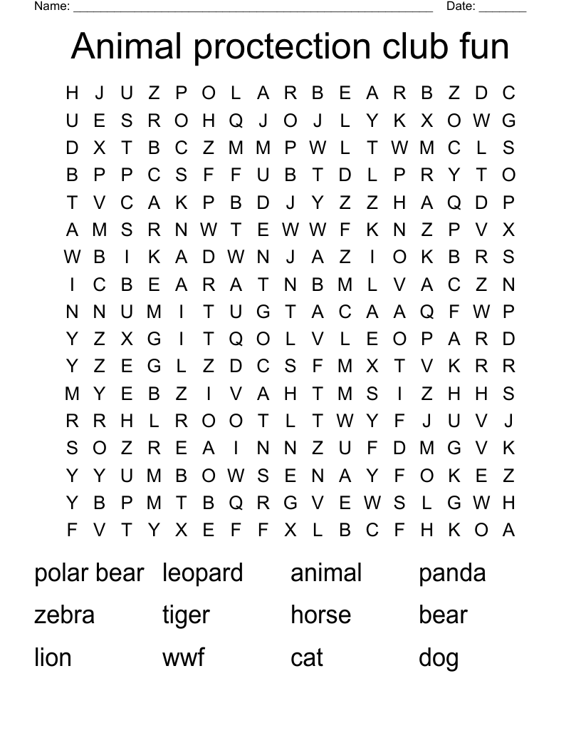 Animal proctection club fun Word Search