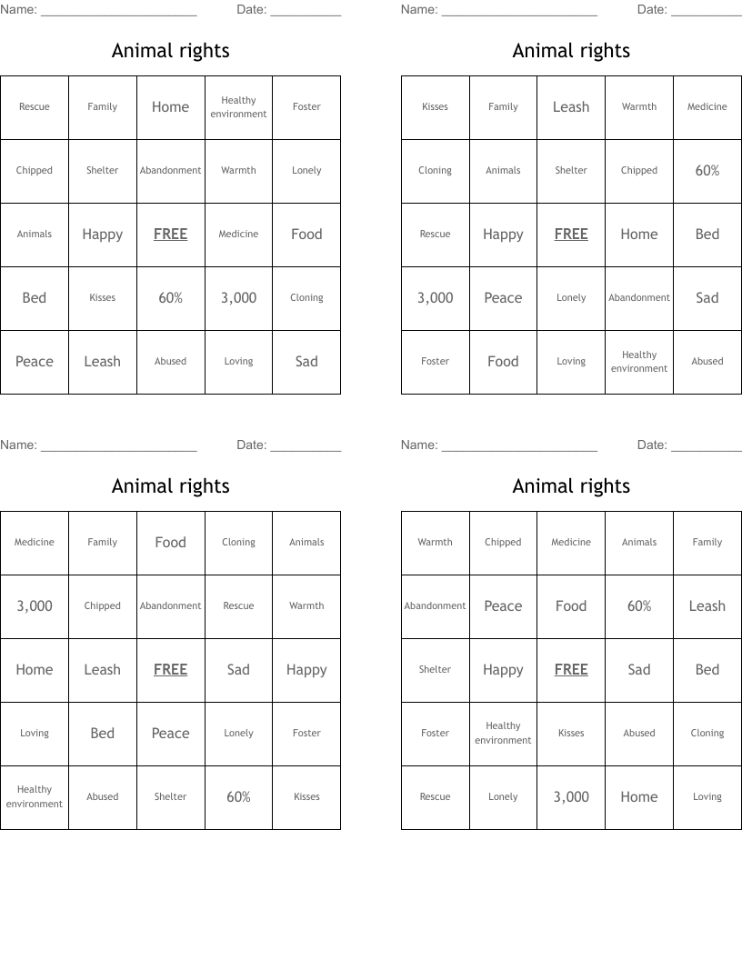 Animal rights  Bingo Cards