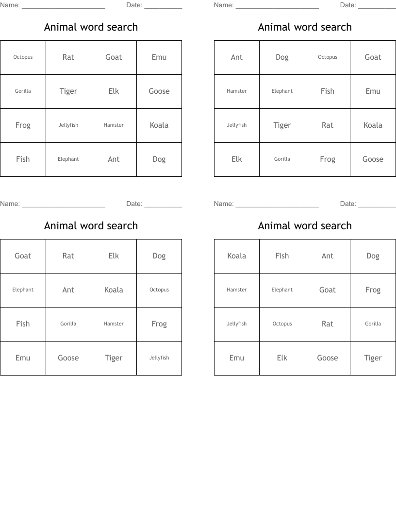 Animal word search Bingo Cards