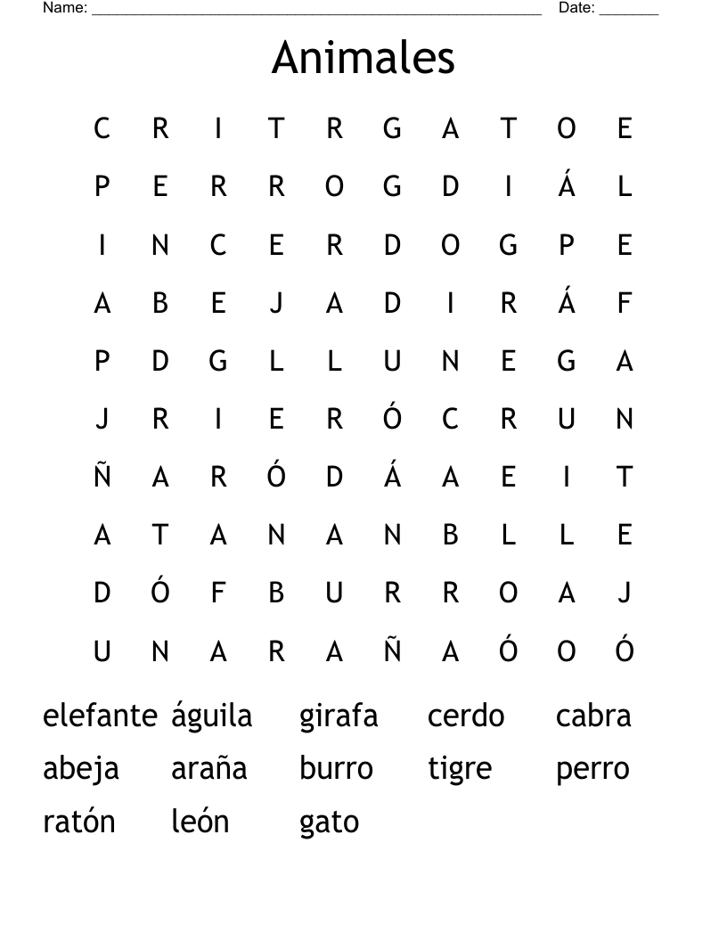 Animales Word Search