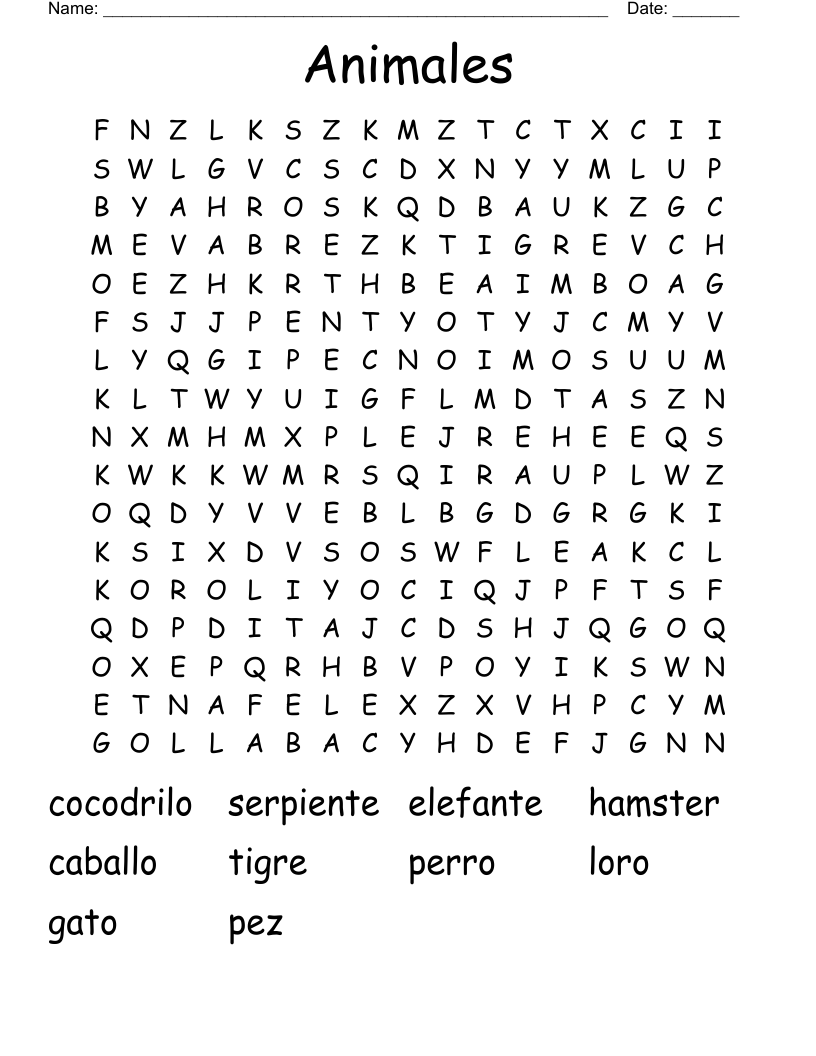 Animales Word Search