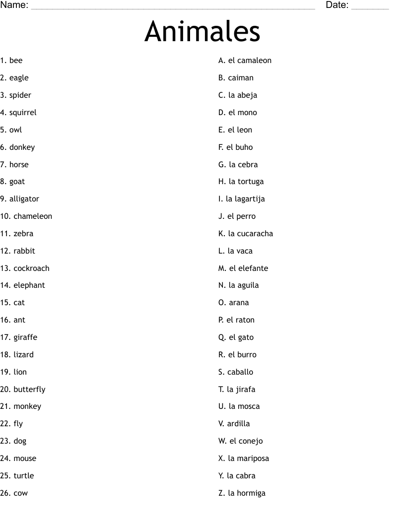 Animales Worksheet
