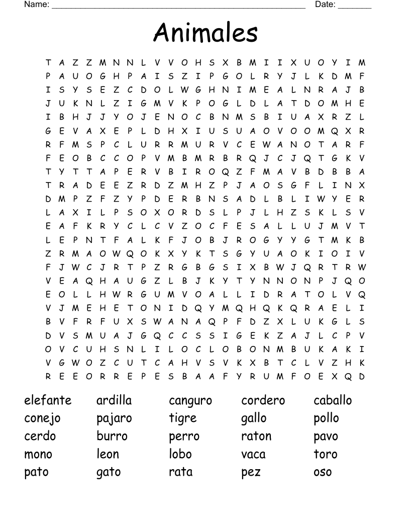 Animales Word Search