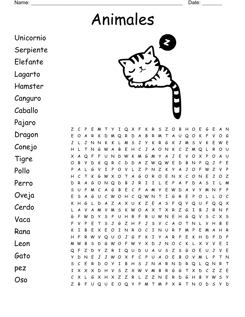 Animales Word Search
