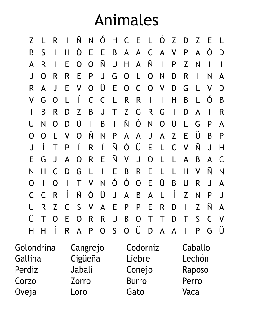 Animales Word Search