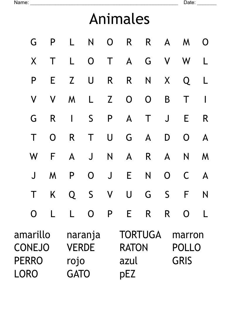 Animales Word Search