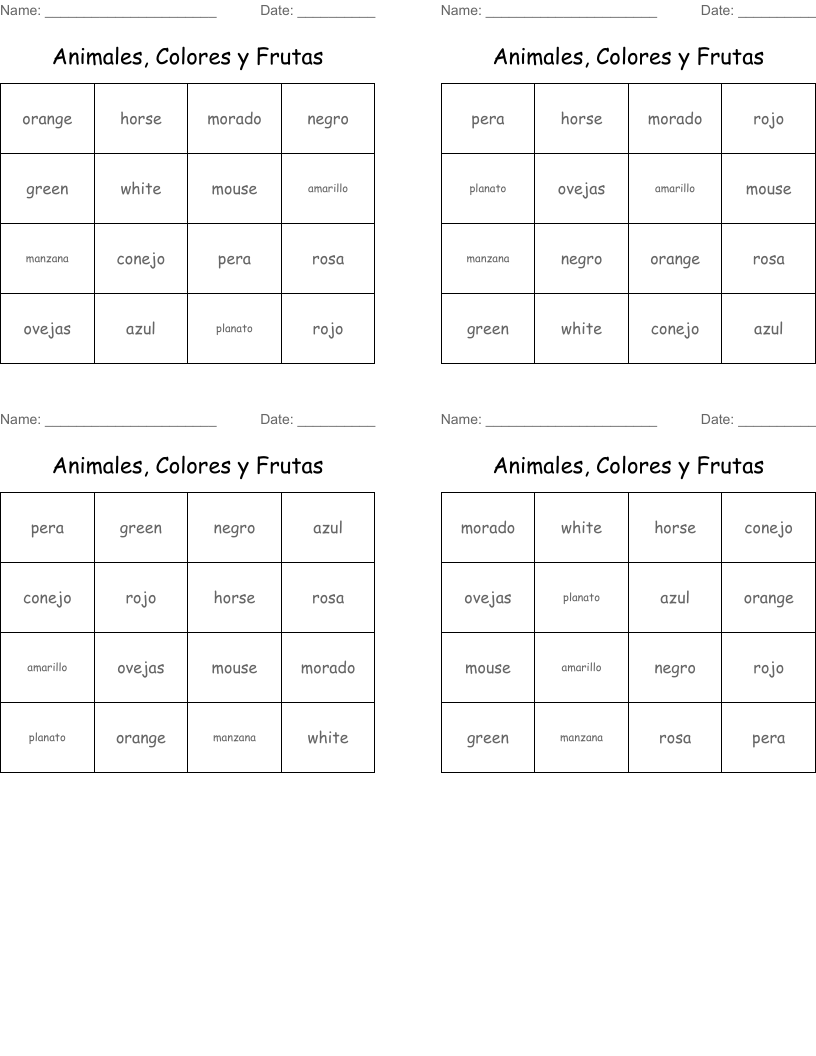 Animales, Colores y Frutas Bingo Cards