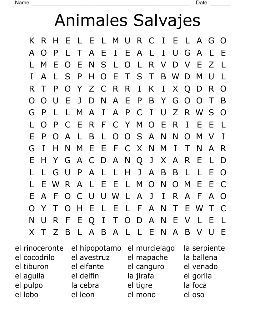 Animales Salvajes Word Search