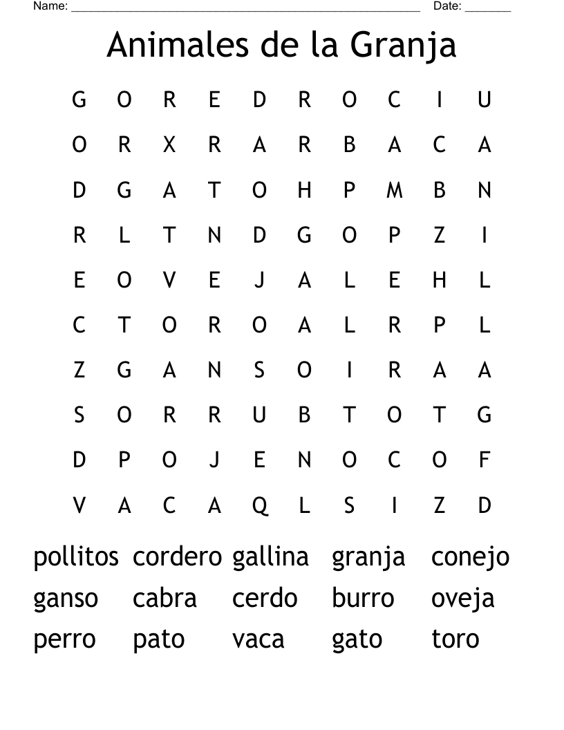 Animales de la Granja Word Search