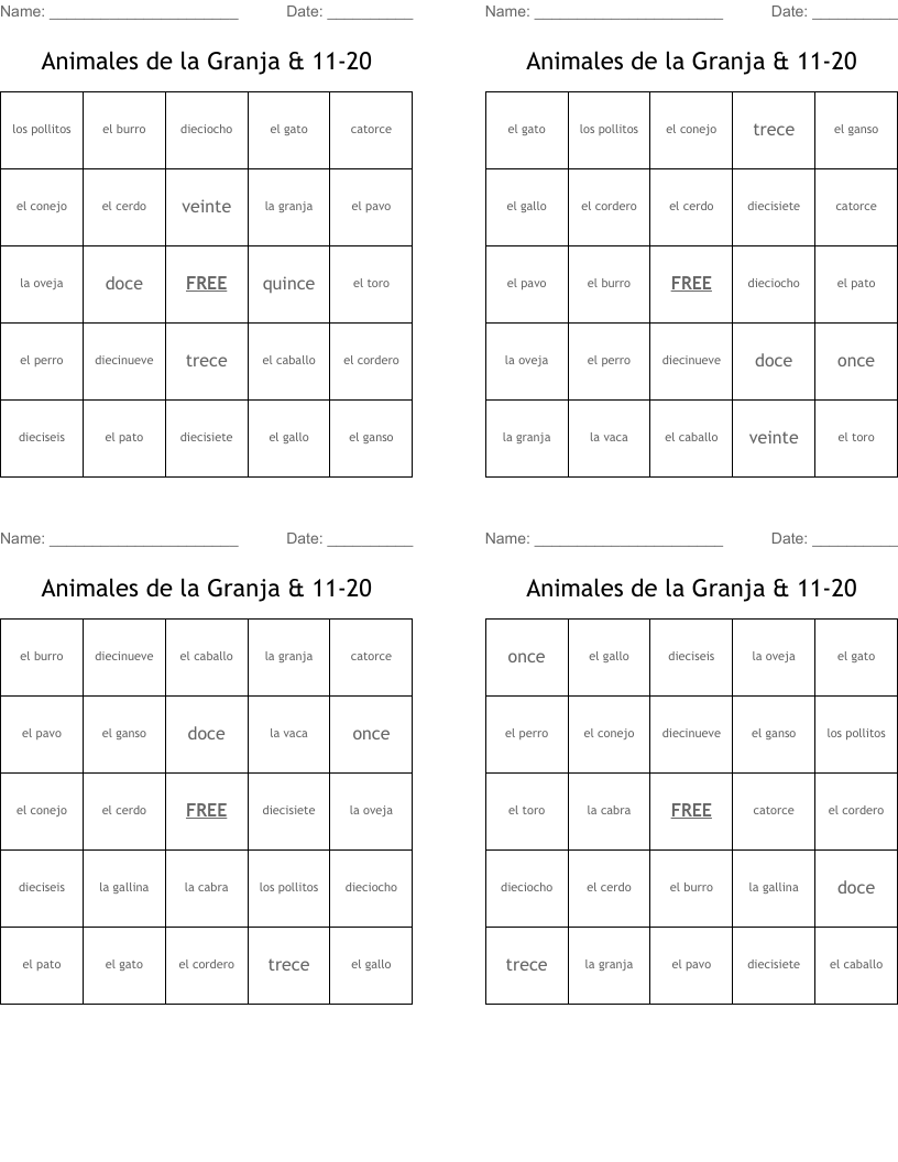 Animales de la Granja & 11-20 Bingo Cards
