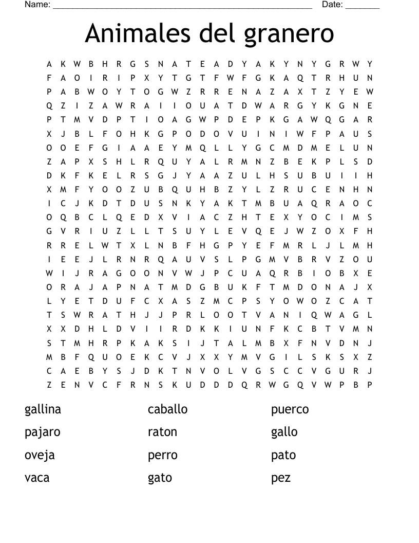 Animales del granero Word Search