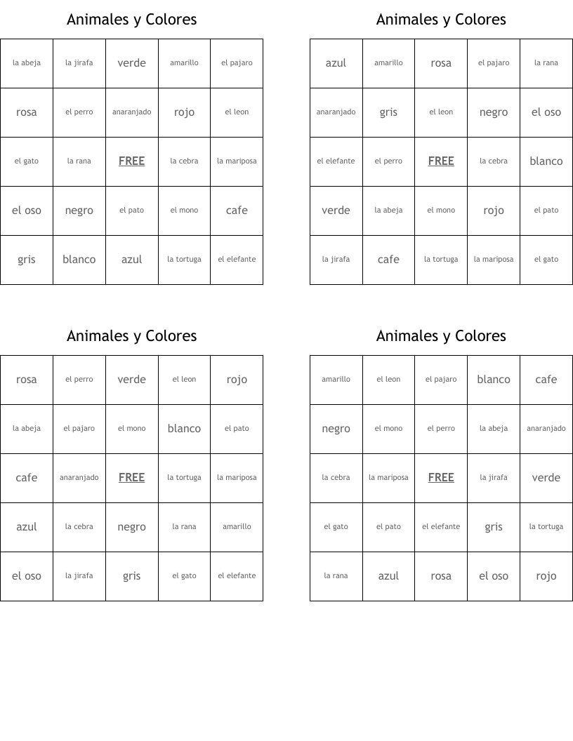 Animales y Colores Bingo Cards