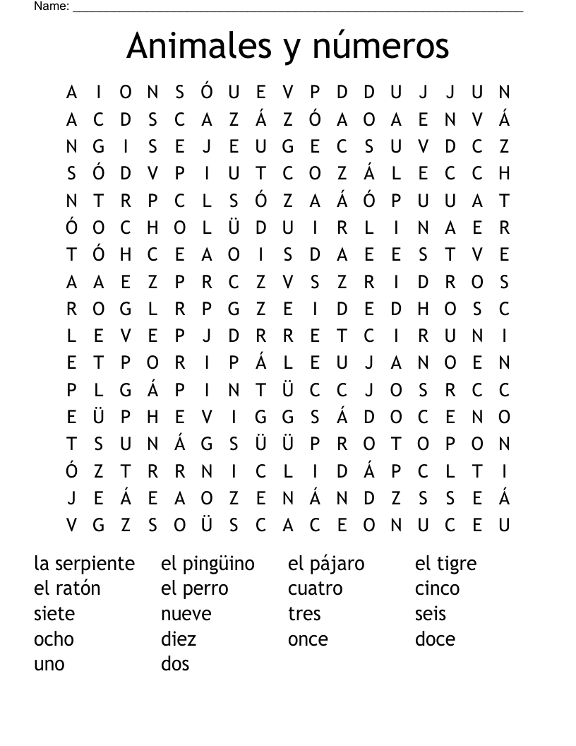 Animales y números Word Search
